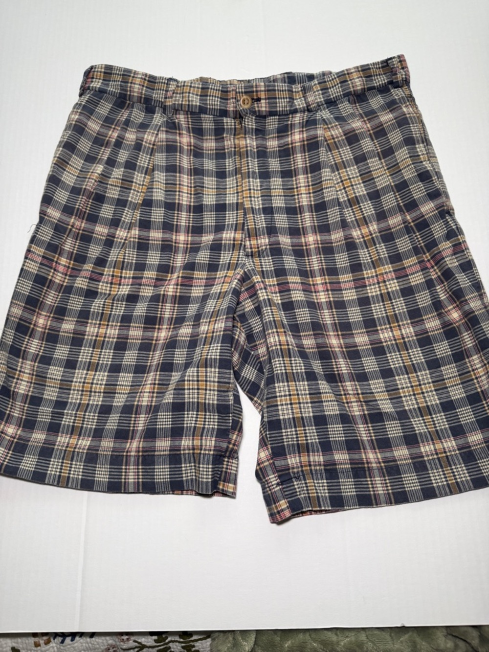 Men's Plaid pleated Front Shorts in Navy, Tan, Red & Cream,